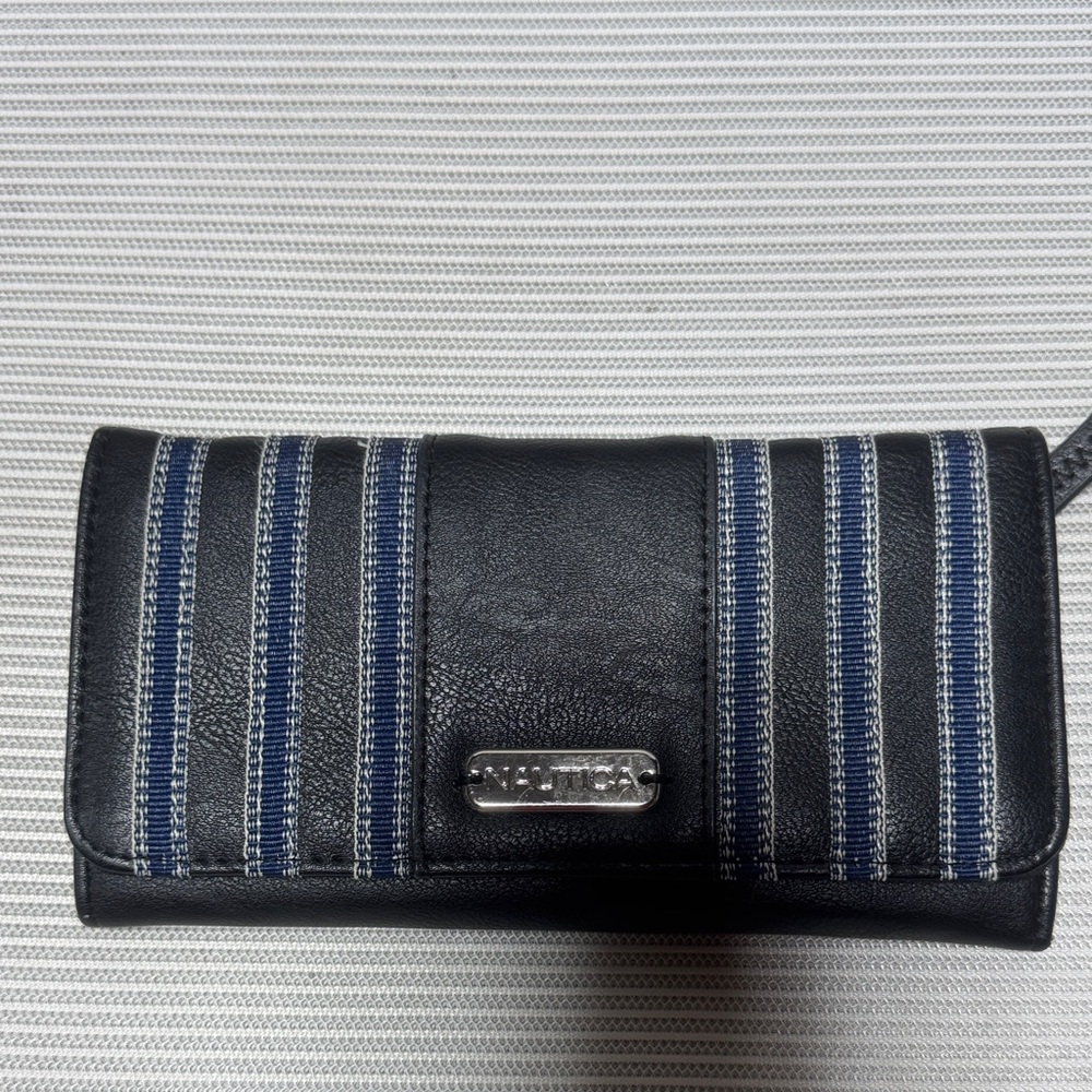 Nautica Black Wallet with Navy Striped Panels